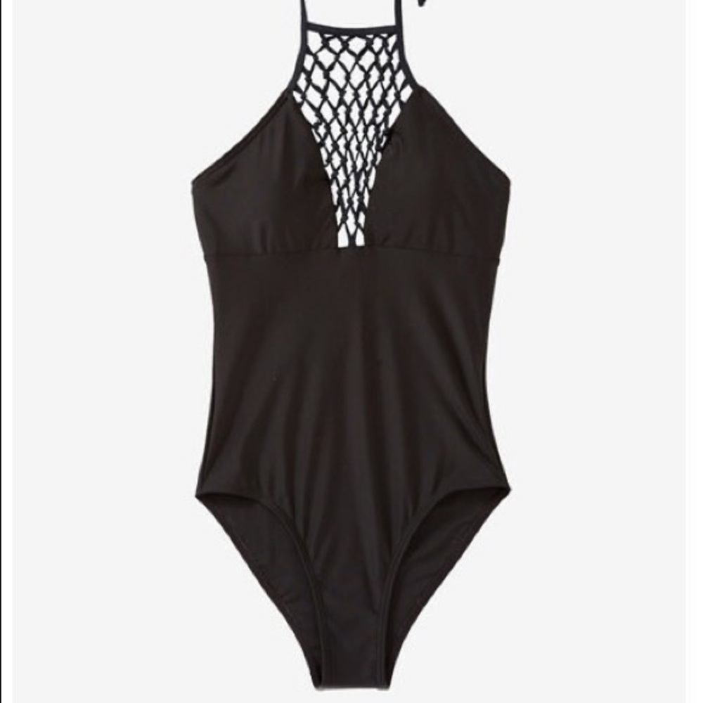 Express | Halter Neck Swimsuit with Macrame Detail Black Size XS - Picture 9 of 12